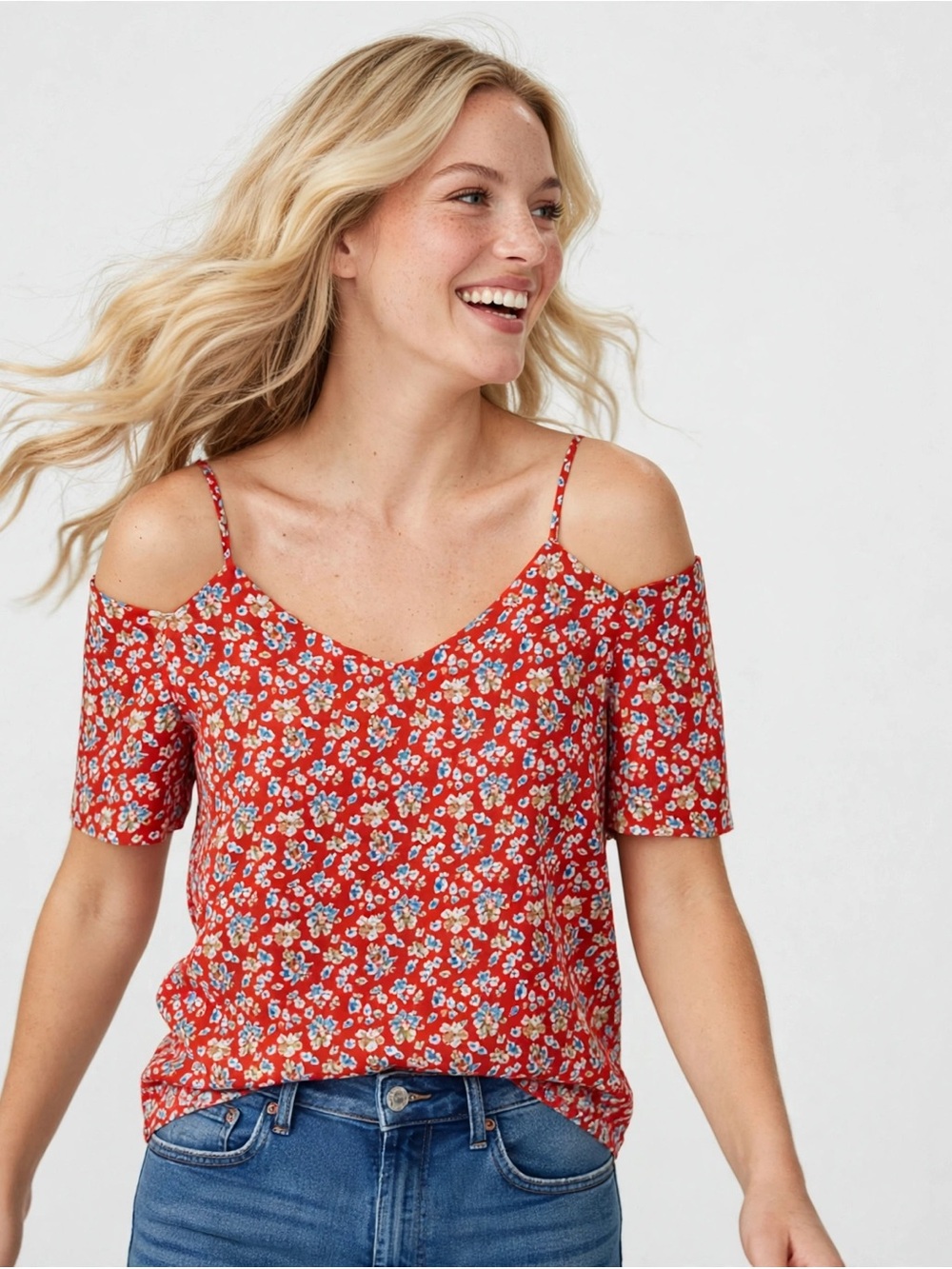Monteau Floral Cold Shoulder Blouse Size Medium